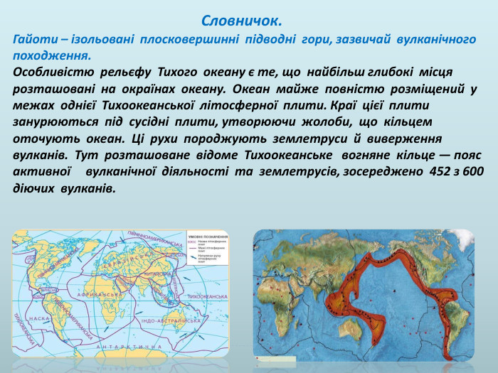  Словничок. Гайоти – ізольовані плосковершинні підводні гори, зазвичай вулканічного походження. Особливістю рельєфу Тихого океану є те, що найбільш глибокі місця розташовані на окраїнах океану. Океан майже повністю розміщений у межах однієї Тихоокеанської літосферної плити. Краї цієї плити занурюються під сусідні плити, утворюючи жолоби, що кільцем оточують океан. Ці рухи породжують землетруси й виверження вулканів. Тут розташоване відоме Тихоокеанське вогняне кільце — пояс активної вулканічної діяльності та землетрусів, зосереджено 452 з 600 діючих вулканів.