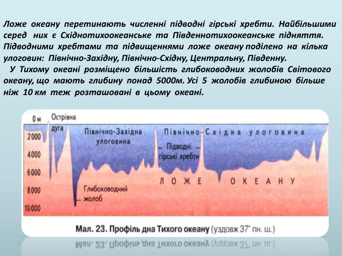 Ложе океану перетинають численні підводні гірські хребти. Найбільшими серед них є Східнотихоокеанське та Південнотихоокеанське підняття. Підводними хребтами та підвищеннями ложе океану поділено на кілька улоговин: Північно-Західну, Північно-Східну, Центральну, Південну. У Тихому океані розміщено більшість глибоководних жолобів Світового океану, що мають глибину понад 5000м. Усі 5 жолобів глибиною більше ніж 10 км теж розташовані в цьому океані.