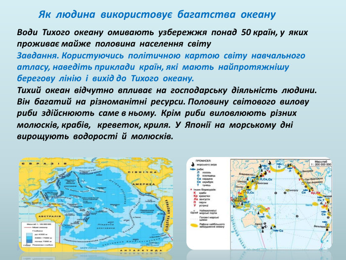 Як людина використовує багатства океану. Води Тихого океану омивають узбережжя понад 50 країн, у яких проживає майже половина населення світу. Завдання. Користуючись політичною картою світу навчального атласу, наведіть приклади країн, які мають найпротяжнішу берегову лінію і вихід до Тихого океану. Тихий океан відчутно впливає на господарську діяльність людини. Він багатий на різноманітні ресурси. Половину світового вилову риби здійснюють саме в ньому. Крім риби виловлюють різних молюсків, крабів, креветок, криля. У Японії на морському дні вирощують водорості й молюсків.