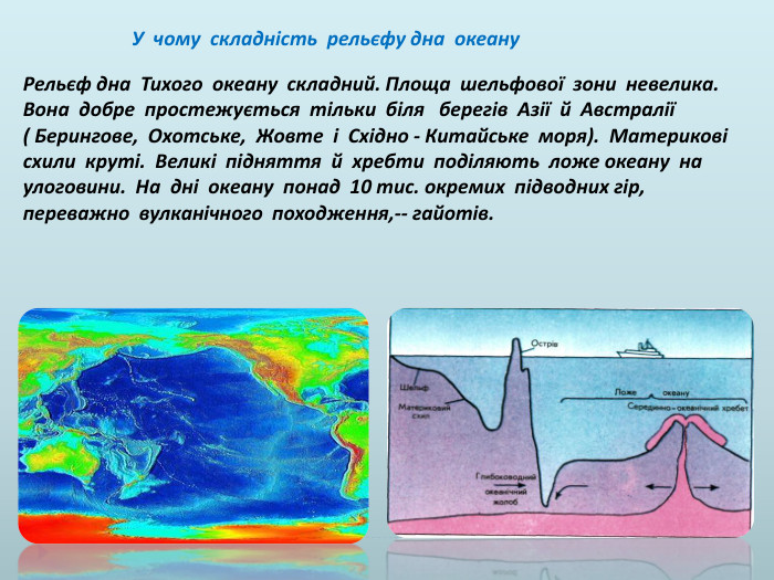  У чому складність рельєфу дна океану. Рельєф дна Тихого океану складний. Площа шельфової зони невелика. Вона добре простежується тільки біля берегів Азії й Австралії ( Берингове, Охотське, Жовте і Східно - Китайське моря). Материкові схили круті. Великі підняття й хребти поділяють ложе океану на улоговини. На дні океану понад 10 тис. окремих підводних гір, переважно вулканічного походження,-- гайотів.