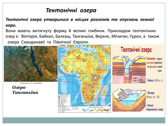  Тектонічні озера. Тектонічні озера утворилися в місцях розломів та опускань земної кори. Вони мають витягнуту форму й великі глибини. Прикладом тектонічних озер є: Вікторія, Байкал, Балхаш, Танганьїка, Верхнє, Мічиган, Гурон, а також озера Скандинавії та Північної Європи. Озеро Танганьїка