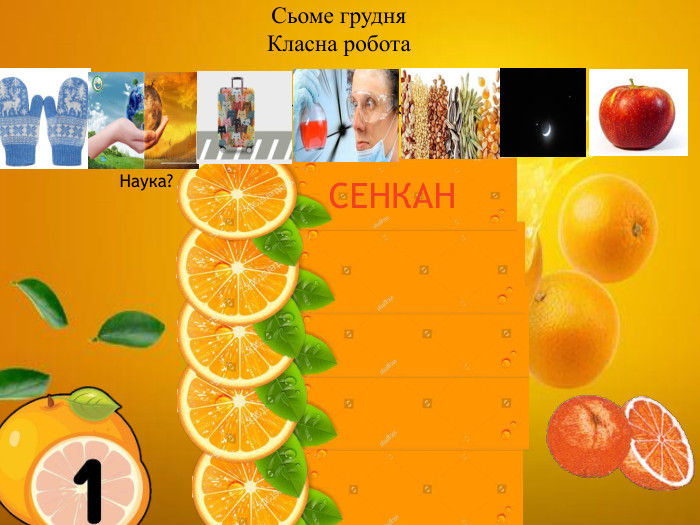  З приходом Нового року люди в усьому світі пов'язують найкращі надії та сподівання, а отже зустрічають його весело й оригінально. Сьоме грудня. Класна робота Рукавиці, екологія, чемодан, експеремент, насіння, ніч, яблуко. Наука?СЕНКАН