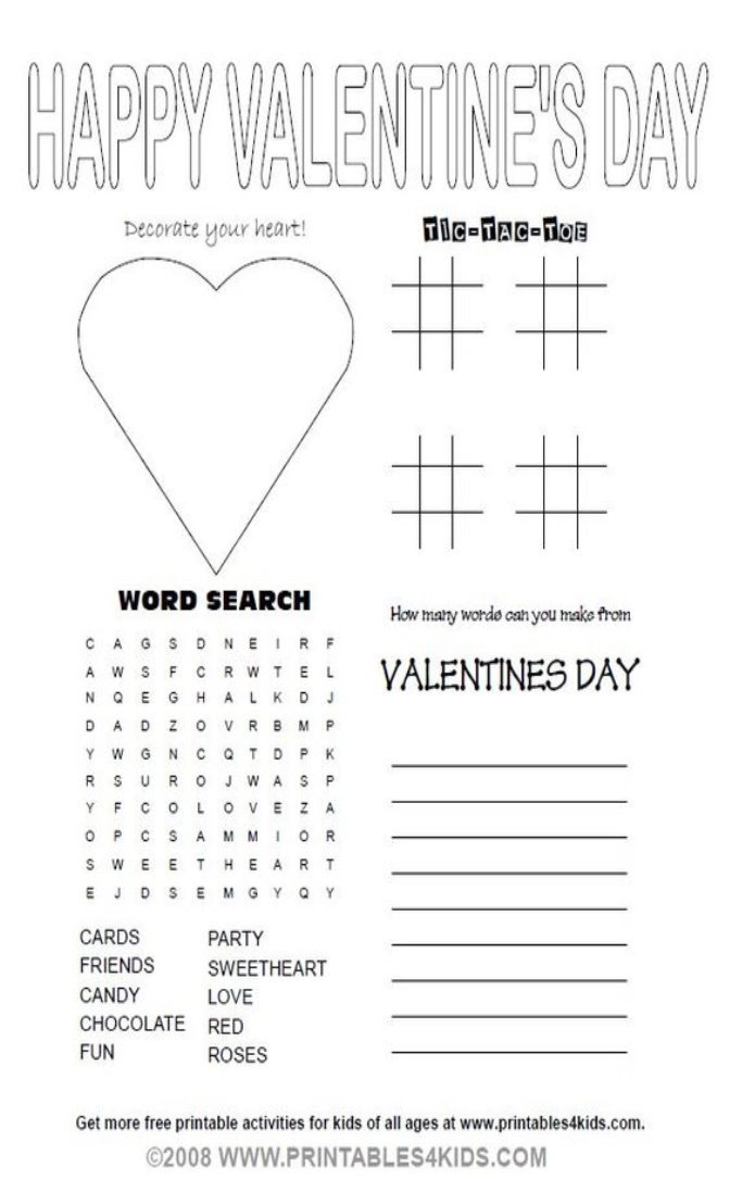 Valentines Day Party Activity Sheet : Printables for Kids – free word search puzzles, coloring pages, and other activities: 