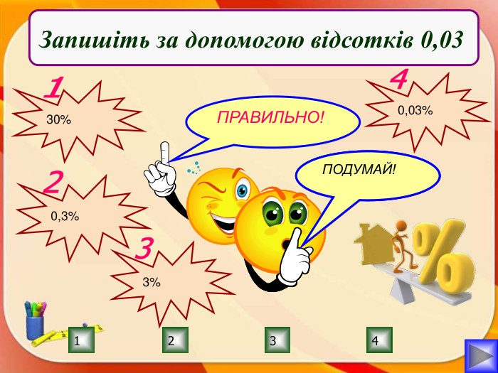 ПРАВИЛЬНО!ПОДУМАЙ!3214 ПОДУМАЙ!ПОДУМАЙ!Запишіть за допомогою відсотків 0,0330%10,3%23%30,03%4