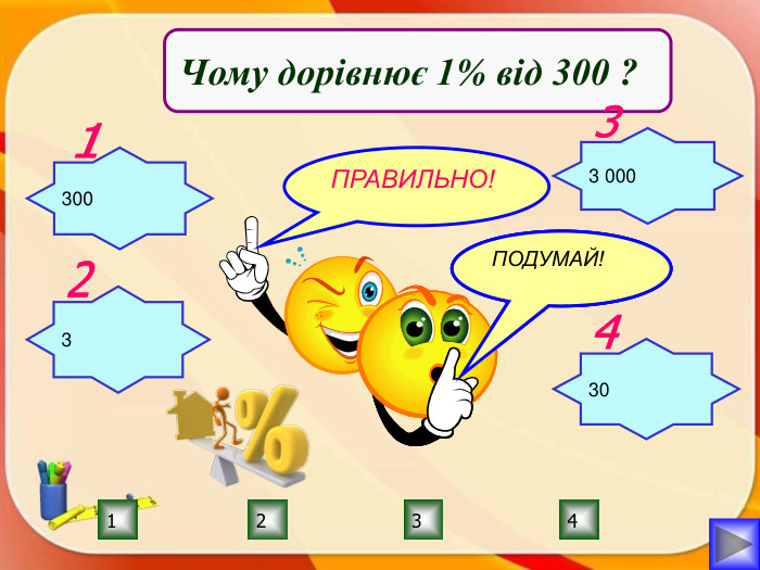 ПРАВИЛЬНО!ПОДУМАЙ!2134 ПОДУМАЙ!ПОДУМАЙ!Чому дорівнює 1% від 300 ?3001323 0003304