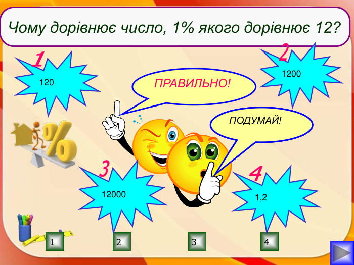 ПРАВИЛЬНО!ПОДУМАЙ!2134 ПОДУМАЙ!ПОДУМАЙ!Чому дорівнює число, 1% якого дорівнює 12? 1201120021200031,24