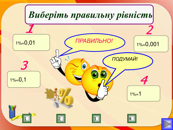 ПРАВИЛЬНО!ПОДУМАЙ!1234 ПОДУМАЙ!ПОДУМАЙ!Виберіть правильну рівність1%=0,0111%=0,00121%=0,131%=14