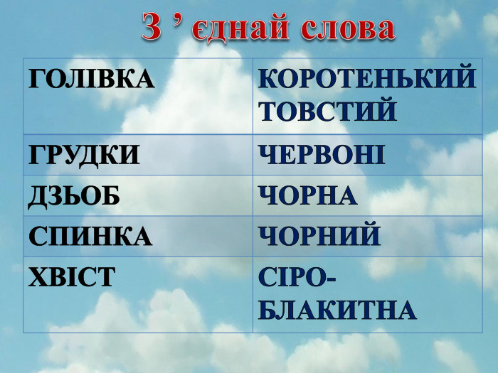 З ’ єднай слова{BC89 EF96-8 CEA-46 FF-86 C4-4 CE0 E7609802}ГОЛІВКАКОРОТЕНЬКИЙТОВСТИЙГРУДКИЧЕРВОНІДЗЬОБЧОРНАСПИНКАЧОРНИЙХВІСТСІРО- БЛАКИТНА
