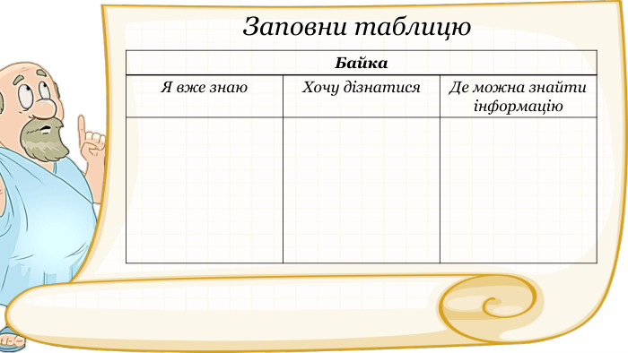 Заповни таблицю{616 DA210-FB5 B-4158-B5 E0-FEB733 F419 BA}Байка. Я вже знаю. Хочу дізнатися. Де можна знайти інформацію