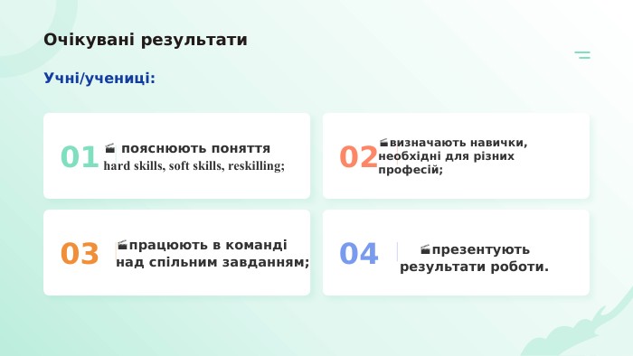 Очікувані результати. Учні/учениці:01 пояснюють поняття hard skills, soft skills, reskilling;визначають навички, необхідні для різних професій;0203працюють в команді над спільним завданням;04презентують результати роботи.