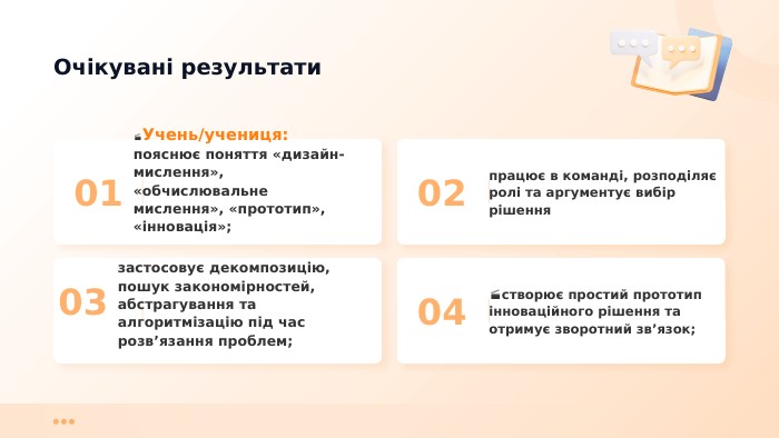 01Учень/учениця:пояснює поняття «дизайн-мислення», «обчислювальне мислення», «прототип», «інновація»;02працює в команді, розподіляє ролі та аргументує вибір рішення03застосовує декомпозицію, пошук закономірностей, абстрагування та алгоритмізацію під час розв’язання проблем;04створює простий прототип інноваційного рішення та отримує зворотний зв’язок;Очікувані результати