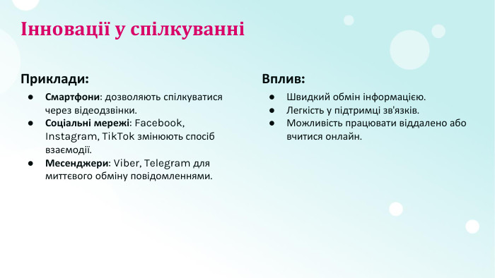 Інновації у спілкуванніПриклади: Смартфони: дозволяють спілкуватися через відеодзвінки. Соціальні мережі: Facebook, Instagram, Tik. Tok змінюють спосіб взаємодії. Месенджери: Viber, Telegram для миттєвого обміну повідомленнями. Вплив: Швидкий обмін інформацією. Легкість у підтримці зв'язків. Можливість працювати віддалено або вчитися онлайн.