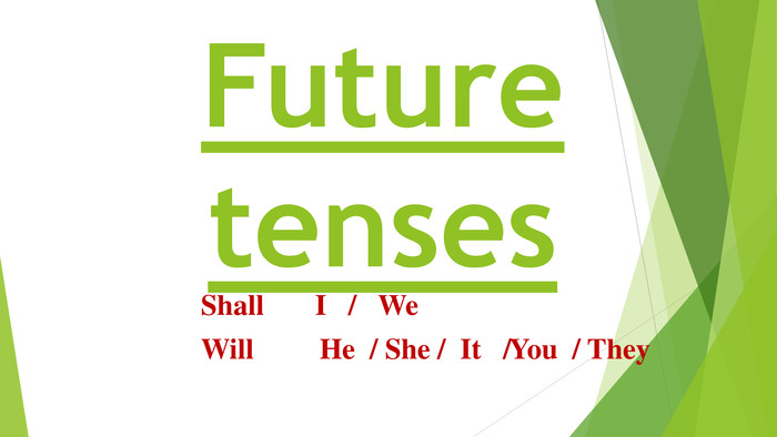 Future tenses. Shall I / We. Will He / She / It /   You / They