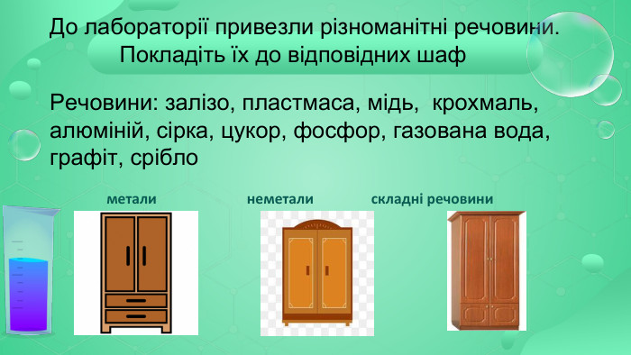 До лабораторії привезли різноманітні речовини. Покладіть їх до відповідних шаф Речовини: залізо, пластмаса, мідь, крохмаль, алюміній, сірка, цукор, фосфор, газована вода, графіт, срібло метали неметали складні речовини