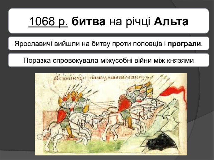 1068 р. битва на річці Альта. Ярославичі вийшли на битву проти половців і програли. Поразка спровокувала міжусобні війни між князями