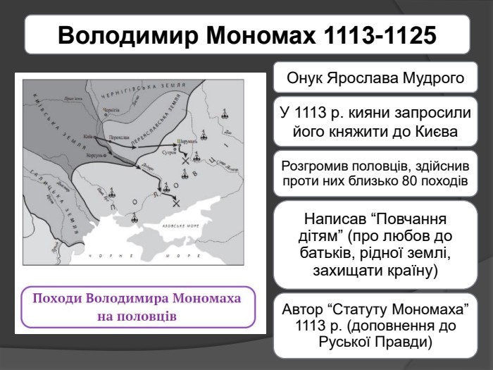 Володимир Мономах 1113-1125 Онук Ярослава Мудрого. У 1113 р. кияни запросили його княжити до Києва. Розгромив половців, здійснив проти них близько 80 походів. Написав “Повчання дітям” (про любов до батьків, рідної землі, захищати країну)Автор “Статуту Мономаха” 1113 р. (доповнення до Руської Правди)