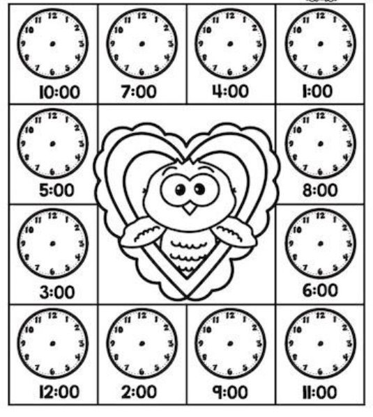 Valen-time (Time to the hour) >> Part of the Valentine's Day Kindergarten Math Worksheets packet by Lacrecia