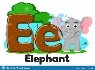 Alphabet with animals, elephant lets water out of trunk letter Ee on a white. Preschool education.