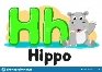 Alphabet with animals, hippo sitting in a puddle of the letter Hh on a white. Preschool education.