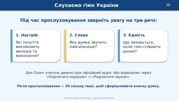 Слухаємо гімн України10 Українська мова та література • Навчальна презентація. Під час прослуховування зверніть увагу на три речі:1. Настрій. Які почуття викликають мелодія та виконання?2. Слова. Яка думка звучить найсильніше?3. Єдність. Що змінюється, коли гімн співають разом?Для Zoom: учитель демонструє офіційний аудіо- або відеозапис через «Поділитися екраном» → «Поділитися звуком». Після прослуховування — 30 секунд тиші, щоб сформулювати власну думку.