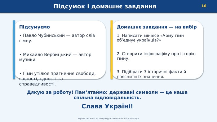 Підсумок і домашнє завдання16 Українська мова та література • Навчальна презентація. Підсумуємо• Павло Чубинський — автор слів гімну.• Михайло Вербицький — автор музики.• Гімн утілює прагнення свободи, гідності, єдності та справедливості. Домашнє завдання — на вибір1. Написати мініесе «Чому гімн об’єднує українців?»2. Створити інфографіку про історію гімну.3. Підібрати 3 історичні факти й пояснити їх значення. Дякую за роботу! Пам’ятаймо: державні символи — це наша спільна відповідальність. Слава Україні!