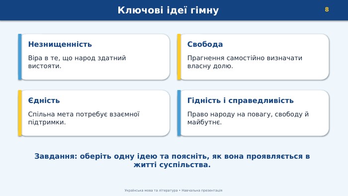 Ключові ідеї гімну8 Українська мова та література • Навчальна презентація. Незнищенність. Віра в те, що народ здатний вистояти. Свобода. Прагнення самостійно визначати власну долю.Єдність. Спільна мета потребує взаємної підтримки. Гідність і справедливість. Право народу на повагу, свободу й майбутнє. Завдання: оберіть одну ідею та поясніть, як вона проявляється в житті суспільства.