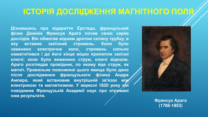 Історія дослідження магнітного поля. Дізнавшись про відкриття Ерстеда, французький фізик Домінік Франсуа Араго почав свою серію дослідів. Він обмотав мідним дротом скляну трубку, в яку вставив залізний стрижень. Коли було замкнено електричне коло, стрижень сильно намагнітився і до його кінця міцно прилипли залізні ключі; коли було вимкнено струм, ключі відпали. Араго розглядав провідник, по якому йде струм, як магніт. Правильне пояснення цього явища було дано після дослідження французького фізика Андре Ампера, який встановив внутрішній зв'язок між електрикою та магнетизмом. У вересні 1820 року він повідомив Французькій Академії наук про отримані ним результати. Франсуа Араго(1786-1853)