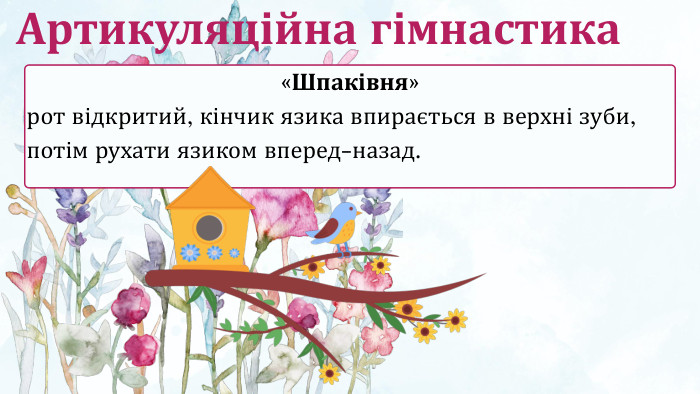 «Шпаківня» рот відкритий, кінчик язика впирається в верхні зуби, потім рухати язиком вперед-назад. Артикуляційна гімнастика