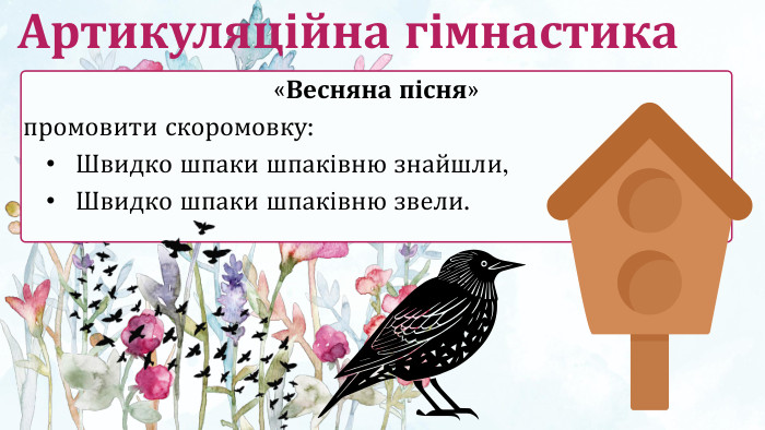 «Весняна пісня» промовити скоромовку: Швидко шпаки шпаківню знайшли, Швидко шпаки шпаківню звели. Артикуляційна гімнастика