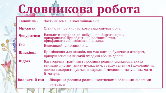 Словникова робота. Волохатий сон. Таловина -Частина землі, з якої зійшов сніг. Стуляючи повіки, частково заплющувати очі. Мружити. Чепуритися. Гай. Шпаківня. Підбіл. Лікарська рослина родини жовтцевих з великими ліловими квітками. Багаторічна трав'яниста рослина родини складноцвітих із великим листям, знизу пухнастим, зверху зеленим і холодним на дотик; використовується в народній медицині; мачушник, мати-й-мачуха. Приміщення для шпаків, що має вигляд будочки з отвором, прикріпленої на високій жердині або на дереві. Невеликий, листяний ліс. Наводити порядок де-небудь, прибирати щось, прикрашати. Приводити в належний стан, прикрашати свій зовнішній вигляд.