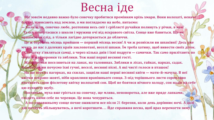 Весна іде Ще зовсім недавно важко було сонечку пробитися промінням крізь хмари. Вони волохаті, неначе брудні, нависають над землею, а ми поглядаємо на небо, питаємо:— Коли ж ти, сонечко любе, розтопиш весь сніг і сріблясті ручайки полинуть у річки, в яри? Та ось повертаєшся з школи і мружиш очі від яскравого світла. Сонце вже бавиться. Ще не припікає як слід, а тільки лагідно доторкається до обличчя. Це ж березень місяць прийшов — перший місяць весни! А чи ж розвісили ви шпаківні? Десь уже мчать до нас з далеких країв заклопотані, веселі шпаки. Їм треба хатину, щоб вивести своїх діток. Спочатку з’являться самці, а через кілька днів і їхні подруги — самички. Так само прилітають по черзі й жайворонки та зяблики. Теж наші перші весняні гості. Жайворонки поселяються на ланах, на таловинах. Зяблики в лісах, гайках, парках, садах. Незабаром ми почуємо їхні гучні, веселі, весняні пісні. А які чисті голоси в пташок! На ще вогких пагорках, на схилах, зацвіли наші перші весняні квіти — мати-й-мачуха. В неї квітки яскраво-жовті, ніби краплини вранішнього сонця. З-під торішнього листя соромливо виставить свою фіолетову квітку волохатий сон. Щоб не боятися нічного холоду, сон надів на себе цю пухнасту шубу. Погляньте, муха вже гріється на сонечку, ще млява, неповоротка, але вже пряде лапками, гладить ними себе по черевцю. Це вона чепуриться. А по-справжньому сонце почне оживляти все після 21 березня, коли день дорівнює ночі. А далі дні почнуть збільшуватись, а ночі коротшати… Йде справжня весна, щоб враз перемогти зиму.