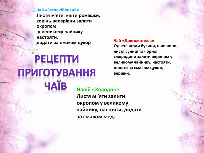 Рецепти приготування Чаїв Чай «Заспокійливий»Листя м’яти, квіти ромашки, корінь валеріани залити окропом у великому чайнику, настояти, додати за смаком цукор Чай «Довгожителів»Сушені ягоди бузини, шипшини, листя суниці та чорної смородини залити окропом у великому чайнику, настояти, додати за смаком цукор, вершки. Напій «Холодок»Листя м ’яти залити окропом у великому чайнику, настояти, додати за смаком мед.
