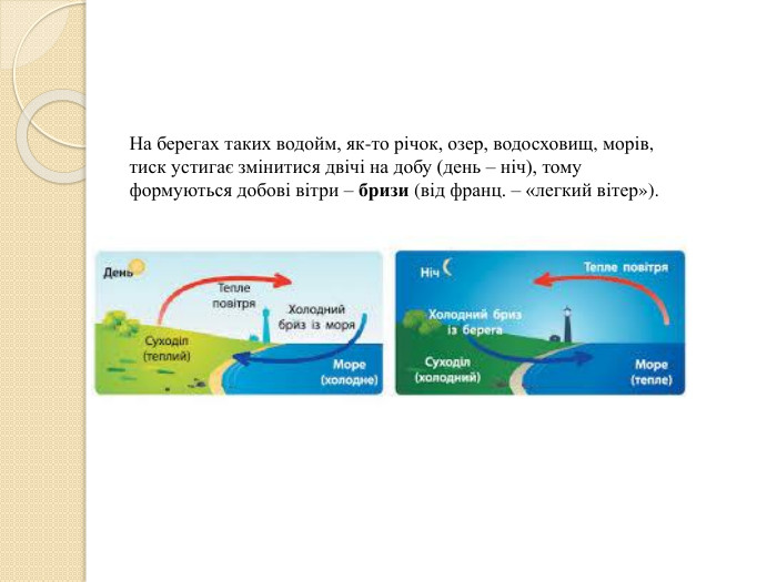 На берегах таких водойм, як-то річок, озер, водосховищ, морів, тиск устигає змінитися двічі на добу (день – ніч), тому формуються добові вітри – бризи (від франц. – «легкий вітер»).