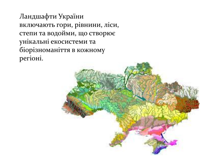 Ландшафти України включають гори, рівнини, ліси, степи та водойми, що створює унікальні екосистеми та біорізноманіття в кожному регіоні.