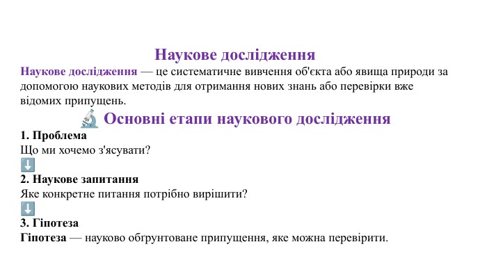 Наукове дослідження. Наукове дослідження — це систематичне вивчення об'єкта або явища природи за допомогою наукових методів для отримання нових знань або перевірки вже відомих припущень.🔬 Основні етапи наукового дослідження1. Проблема. Що ми хочемо з'ясувати?⬇2. Наукове запитання. Яке конкретне питання потрібно вирішити?⬇3. Гіпотеза. Гіпотеза — науково обґрунтоване припущення, яке можна перевірити.