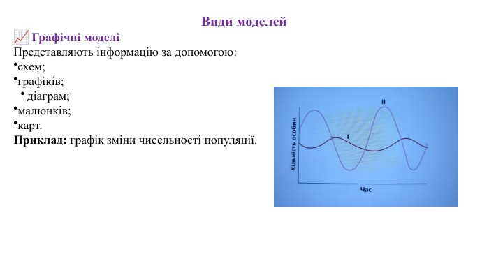 Види моделей📈 Графічні моделіПредставляють інформацію за допомогою:схем;графіків;діаграм;малюнків;карт. Приклад: графік зміни чисельності популяції.