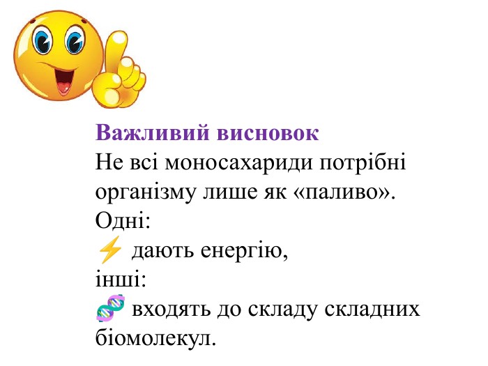 Важливий висновок. Не всі моносахариди потрібні організму лише як «паливо». Одні:⚡ дають енергію,інші:🧬 входять до складу складних біомолекул.