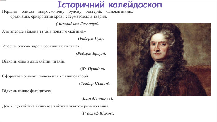 Історичний калейдоскоп. Першим описав мікроскопічну будову бактерій, одноклітинних організмів, еритроцитів крові, сперматозоїдів тварин. (Антоні ван Левенчук). Хто вперше відкрив та увів поняття «клітина». (Роберт Гук). Уперше описав ядро в рослинних клітинах. (Роберт Браун). Відкрив ядро в яйцеклітині птахів. (Як Пуркіне). Сформував основні положення клітинної теорії. (Теодор Шванн). Відкрив явище фагоцитозу. (Ілля Мечников). Довів, що клітина виникає з клітини шляхом розмноження. (Рудольф Вірхов). 