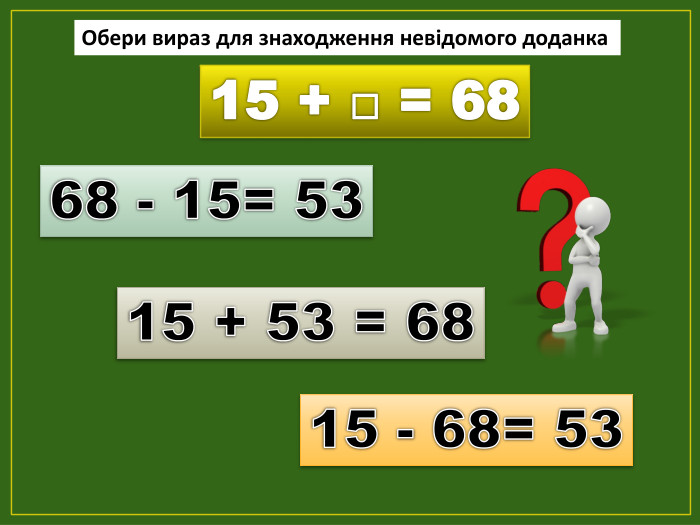15 + □ = 6815 - 68= 5368 - 15= 5315 + 53 = 68 Обери вираз для знаходження невідомого доданкаfillcolorfill.typefill.on