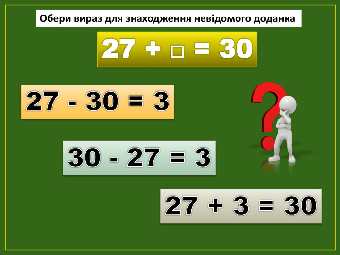 27 + □ = 3027 - 30 = 330 - 27 = 327 + 3 = 30 Обери вираз для знаходження невідомого доданкаfillcolorfill.typefill.on