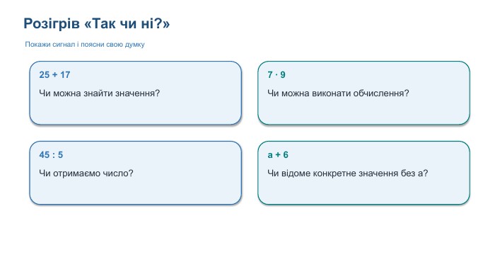 Розігрів «Так чи ні?»Покажи сигнал і поясни свою думку25 + 17 Чи можна знайти значення?7 · 9 Чи можна виконати обчислення?45 : 5 Чи отримаємо число?a + 6 Чи відоме конкретне значення без a?