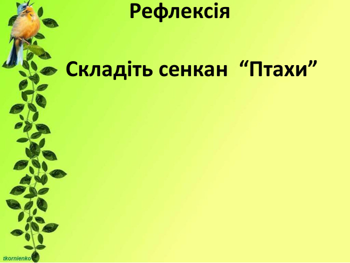                                                                                                               Рефлексія  Складіть сенкан  “Птахи” 