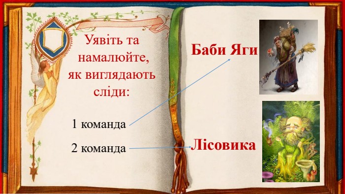 Уявіть та намалюйте,як виглядають сліди: 1 команда2 команда. Баби Яги. Лісовика