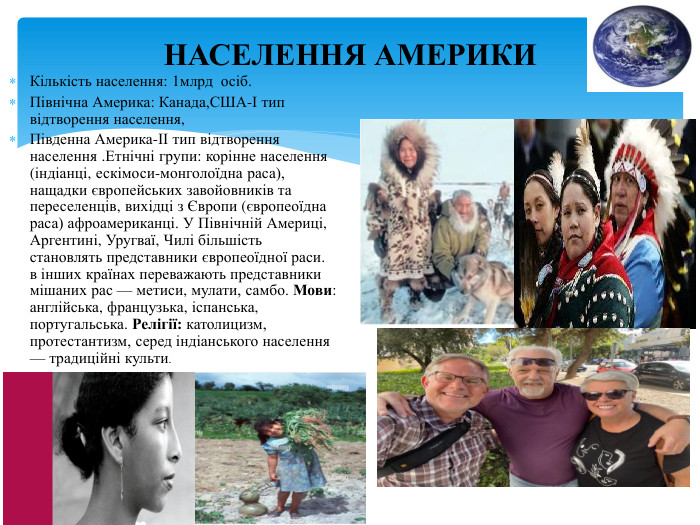 НАСЕЛЕННЯ АМЕРИКИКількість населення: 1млрд осіб. Північна Америка: Канада,США-І тип відтворення населення,Південна Америка-ІІ тип відтворення населення . Етнічні групи: корінне населення (індіанці, ескімоси-монголоїдна раса), нащадки європейських завойовників та переселенців, вихідці з Європи (європеоїдна раса) афроамериканці. У Північній Америці, Аргентині, Уругваї, Чилі більшість становлять представники європеоїдної раси. в інших країнах переважають представники мішаних рас — метиси, мулати, самбо. Мови: англійська, французька, іспанська, португальська. Релігії: католицизм, протестантизм, серед індіанського населення — традиційні культи.