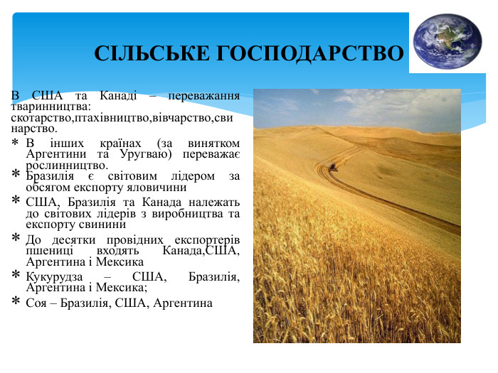 СІЛЬСЬКЕ ГОСПОДАРСТВОВ США та Канаді – переважання тваринництва: скотарство,птахівництво,вівчарство,свинарство. В інших країнах (за винятком Аргентини та Уругваю) переважає рослинництво. Бразилія є світовим лідером за обсягом експорту яловичини. США, Бразилія та Канада належать до світових лідерів з виробництва та експорту свинини. До десятки провідних експортерів пшениці входять Канада,США, Аргентина і Мексика. Кукурудза – США, Бразилія, Аргентина і Мексика; Соя – Бразилія, США, Аргентина