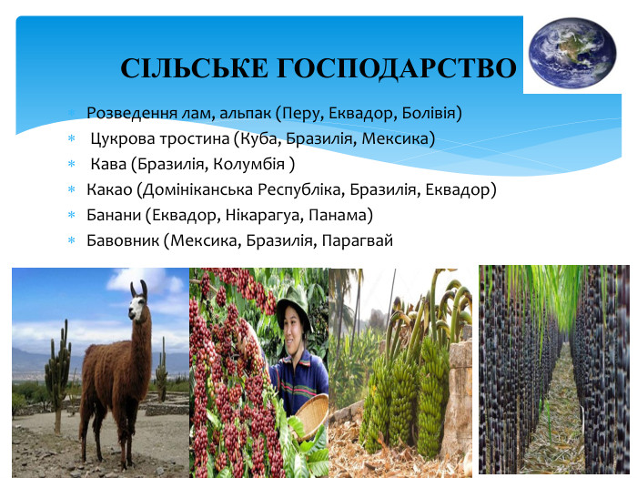 Розведення лам, альпак (Перу, Еквадор, Болівія) Цукрова тростина (Куба, Бразилія, Мексика) Кава (Бразилія, Колумбія ) Какао (Домініканська Республіка, Бразилія, Еквадор)Банани (Еквадор, Нікарагуа, Панама)Бавовник (Мексика, Бразилія, Парагвай. СІЛЬСЬКЕ ГОСПОДАРСТВО