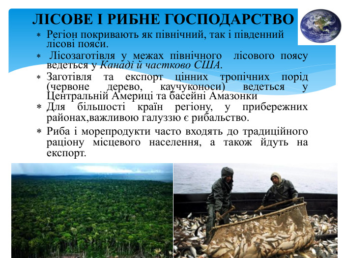 Регіон покривають як північний, так і південний лісові пояси. Лісозаготівля у межах північного лісового поясу ведеться у Канаді й частково США. Заготівля та експорт цінних тропічних порід (червоне дерево, каучуконоси) ведеться у Центральній Америці та басейні Амазонки. Для більшості країн регіону, у прибережних районах,важливою галуззю є рибальство. Риба і морепродукти часто входять до традиційного раціону місцевого населення, а також йдуть на експорт. ЛІСОВЕ І РИБНЕ ГОСПОДАРСТВО