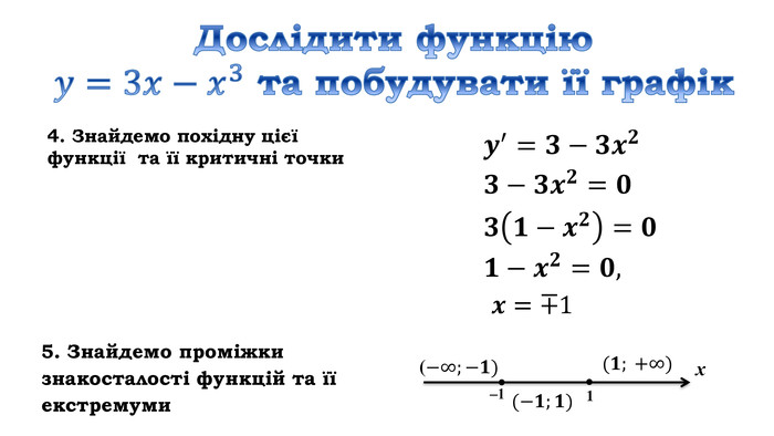 Дослідити функцію 𝑦=3𝑥−𝑥3 та побудувати її графік 4. Знайдемо похідну цієї функції та її критичні точки𝒚′=𝟑−𝟑𝒙𝟐𝟑−𝟑𝒙𝟐=𝟎𝟑𝟏−𝒙𝟐=𝟎𝟏−𝒙𝟐=𝟎, 𝒙=∓1 5. Знайдемо проміжки знакосталості функцій та її екстремумих ‒1 1(−∞;−𝟏)  (−𝟏;𝟏)  (𝟏; +∞) 