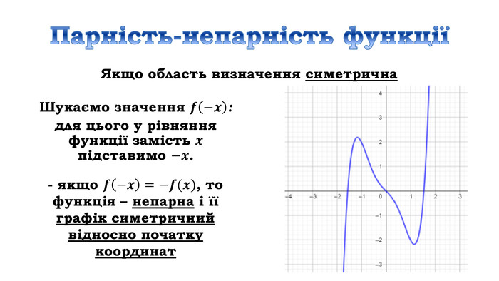 Парність-непарність функціїЯкщо область визначення симетрична. Шукаємо значення 𝒇−𝒙: для цього у рівняння функції замість 𝒙 підставимо −𝒙.- якщо 𝒇−𝒙=𝒇(𝒙), то функція – парна і її графік симетричний відносно осі ординат - якщо 𝒇−𝒙=−𝒇(𝒙), то функція – непарна і її графік симетричний відносно початку координат 