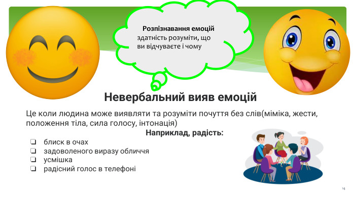 Розпізнавання емоційздатність розуміти, що ви відчуваєте і чому. Це коли людина може виявляти та розуміти почуття без слів(міміка, жести, положення тіла, сила голосу, інтонація)Наприклад, радість:блиск в очахзадоволеного виразу обличчяусмішкарадісний голос в телефоніНевербальний вияв емоцій14